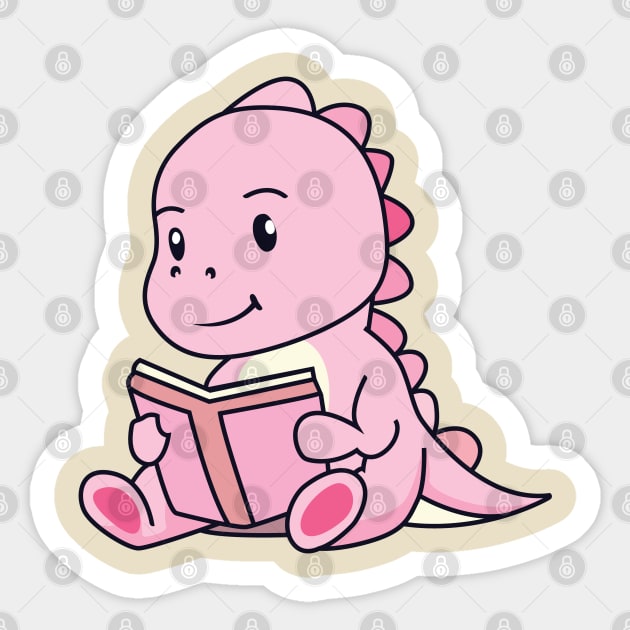 Cute Pink Dinosaur Read Book - Dinosaur Birthday Sticker by Kawaii Bomb